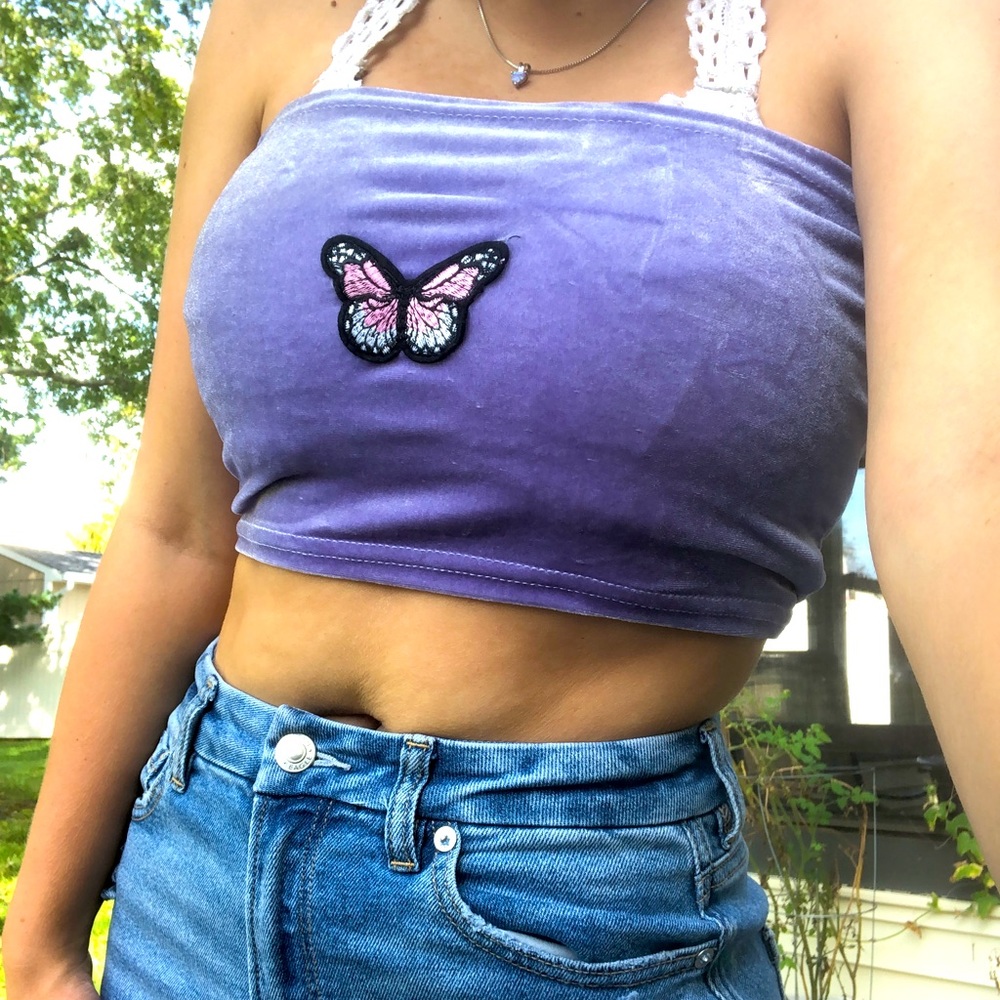 Size M Velvety Purple Lace Up Tube Top with Butterfly